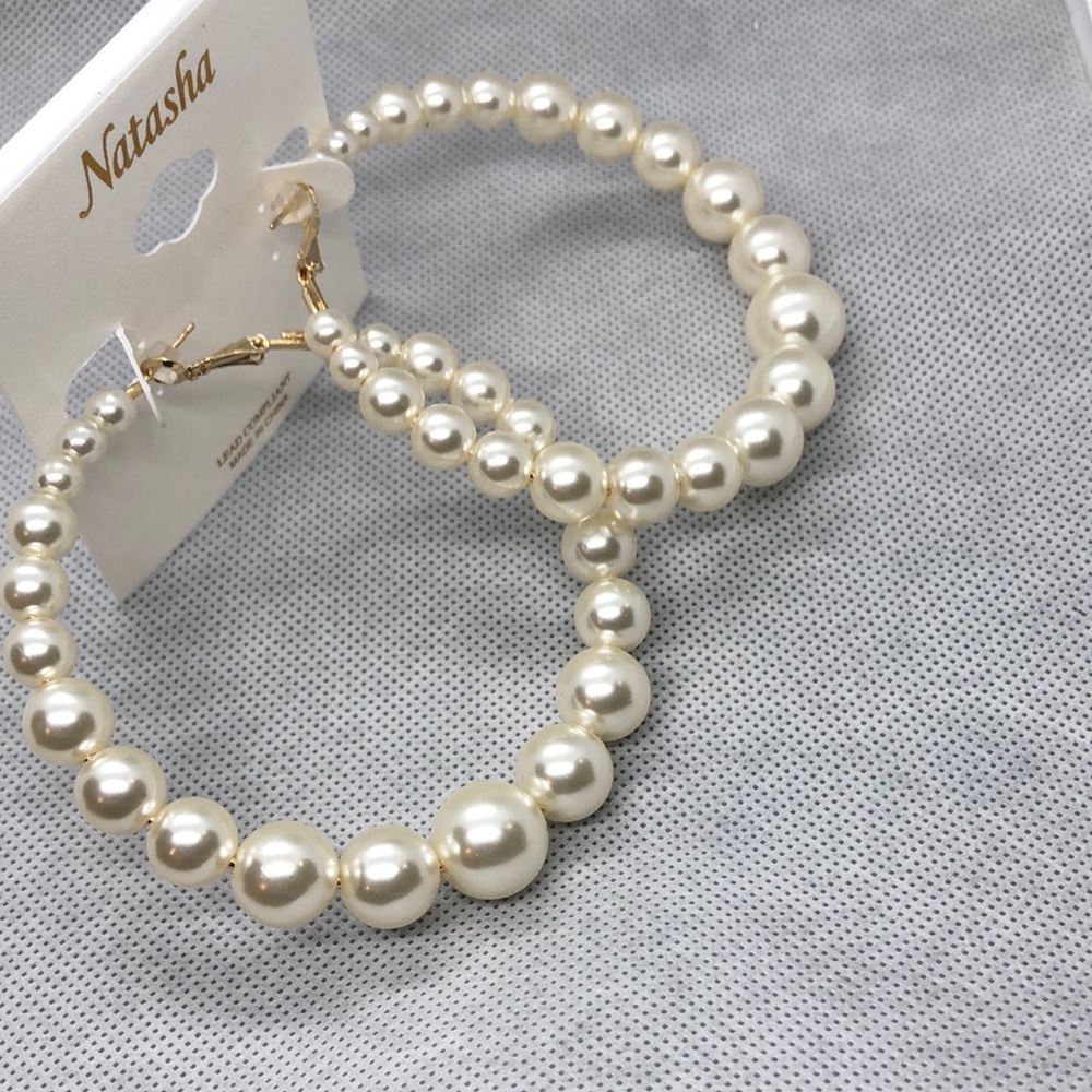 Natasha Couture Stunning faux‎ pearl oversized hoop earrings new